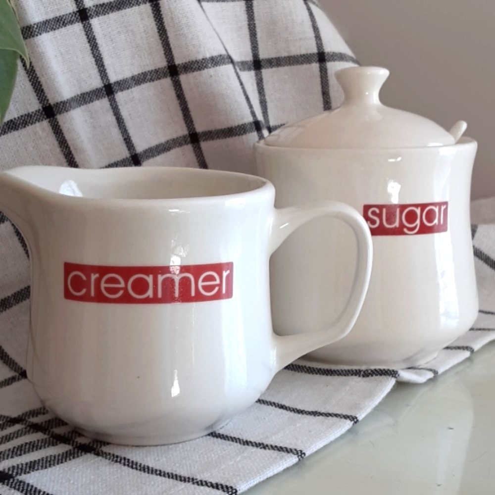 Just For You Creamer Lidded Sugar With Spoon Labeled